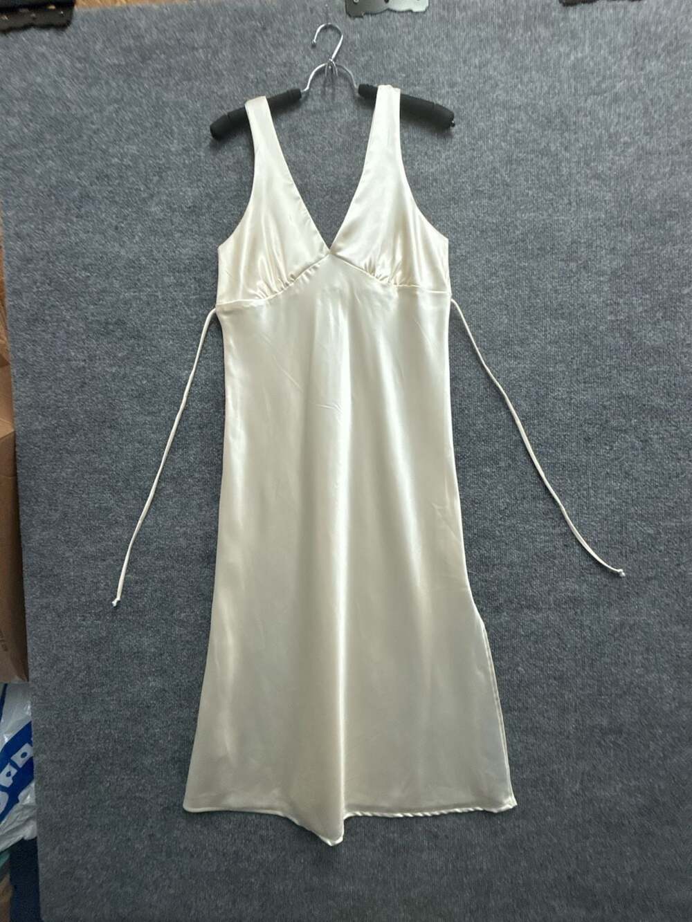 Altar'd State Ivory Satin V-Neck Midi Slip Dress with Tie Back